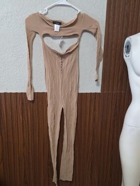 Aula Beige Cutout Long-Sleeve Jumpsuit